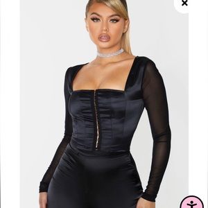 Black satin hook and eye sheer long sleeve crop top